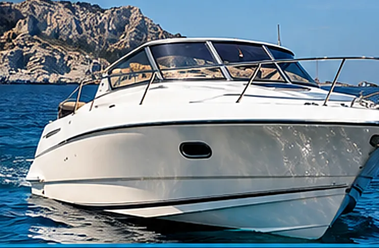 Bateau à moteur blanc naviguant devant les calanques